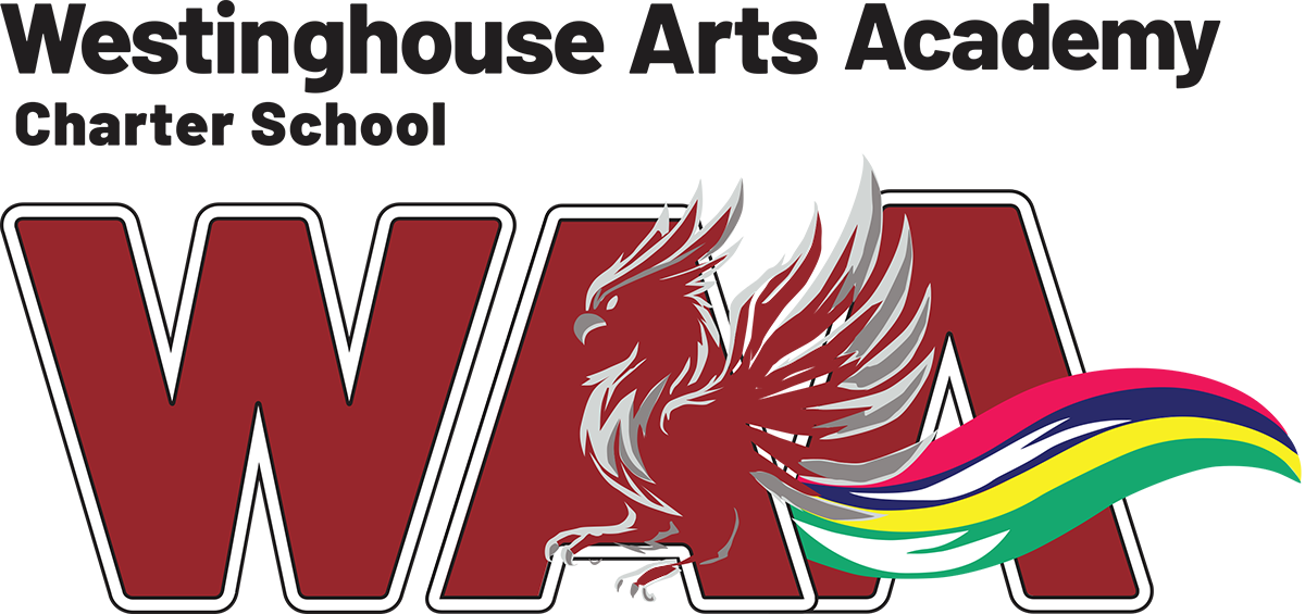 Westinghouse Arts Academy Logo featuring school building in bright colors of orange, red, green, and blue. Wilmerding, PA written beneath Westinghouse Arts Academy